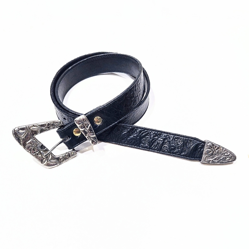 VTG Cia Accessories Western Belt Black Floral Embossed Leather Silvertone Buckle